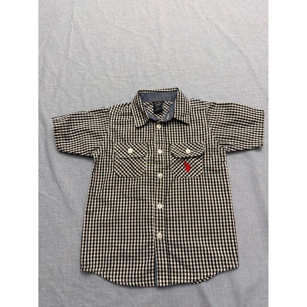 US Polo Assn Boys Black White Gingham Short Sleeve Button Down Shirt 3T